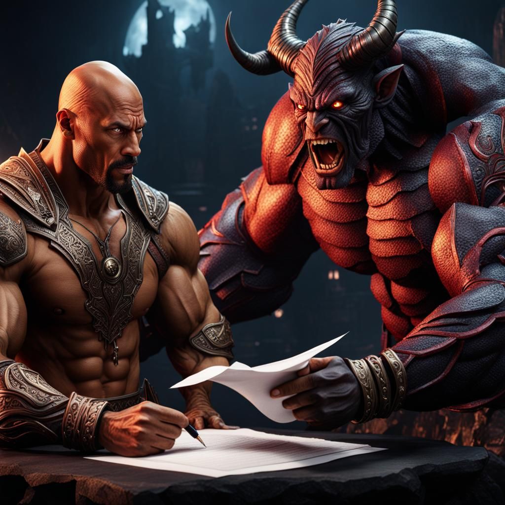 Satan is asking Dwayne "The Rock" Johnson for an autograph