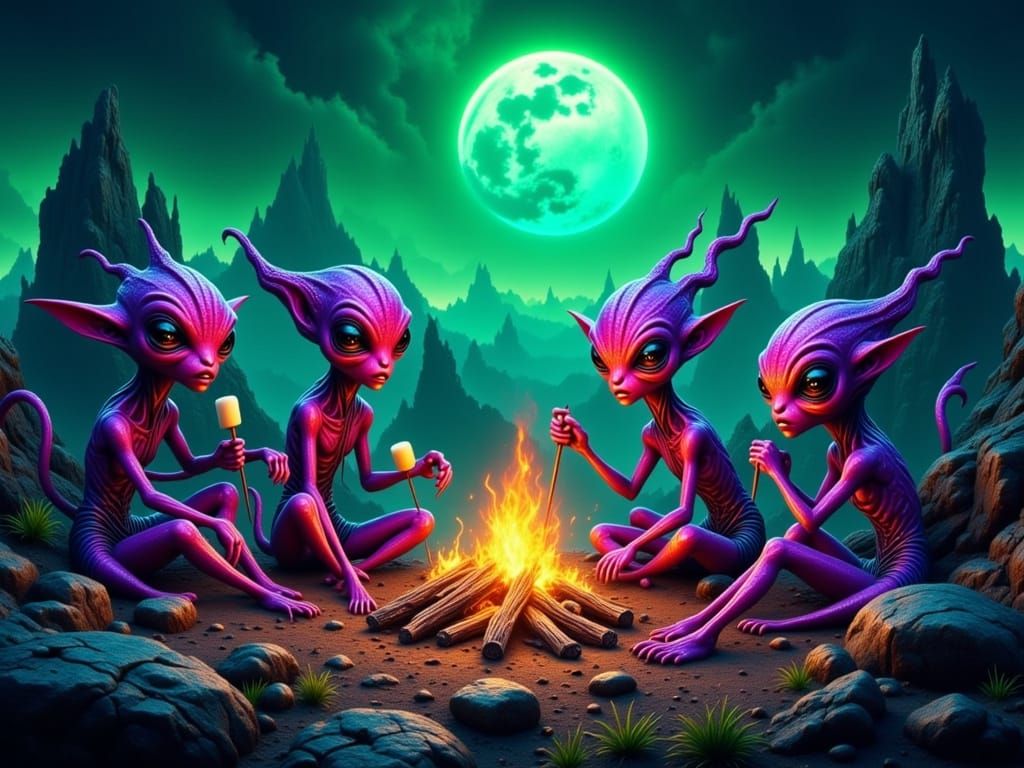 Fuzzy Aliens Roasting Marshmallows in Alien Landscape