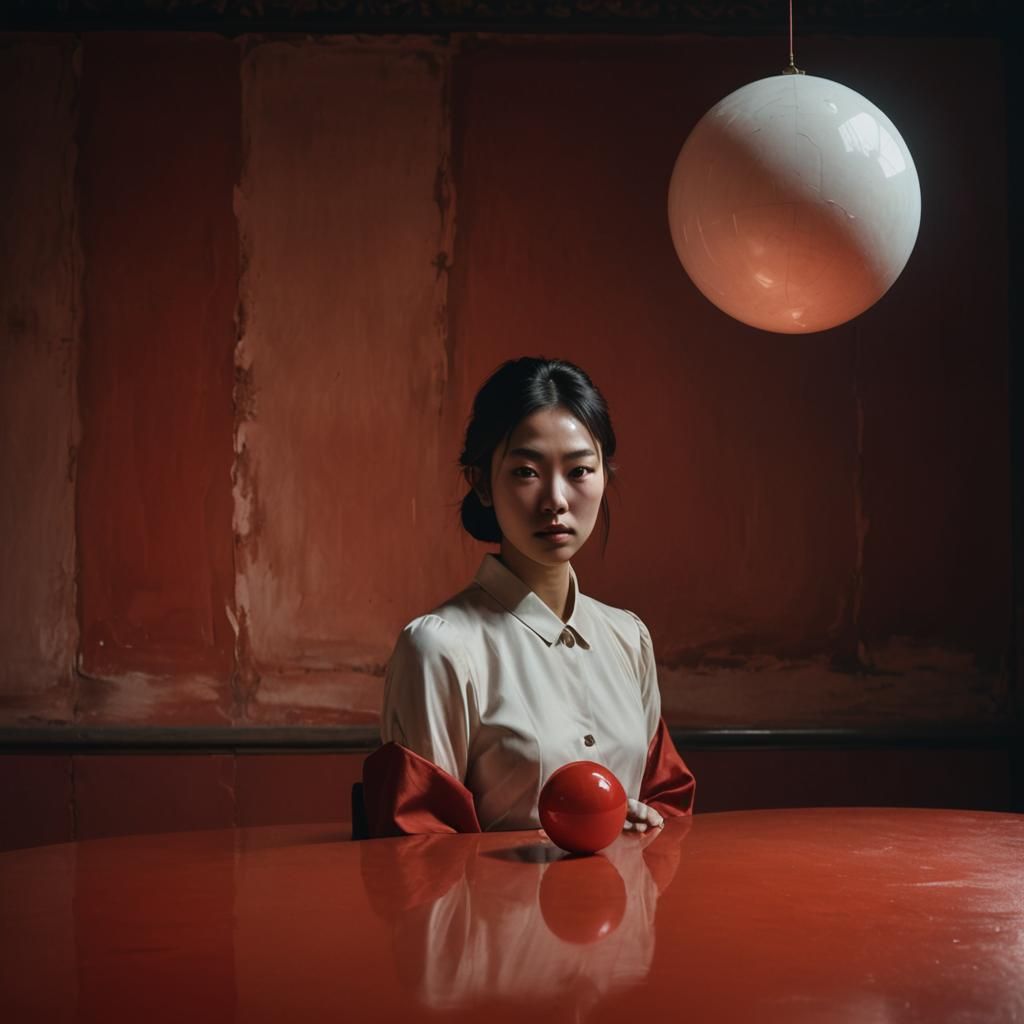 Surreal Portrait in Red Room, Photorealistic Style