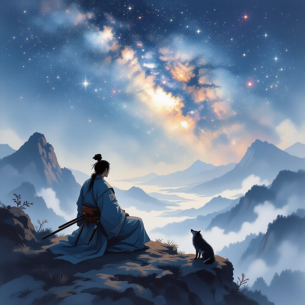 Samurai Meditating with Wolf in Sumi-e Style