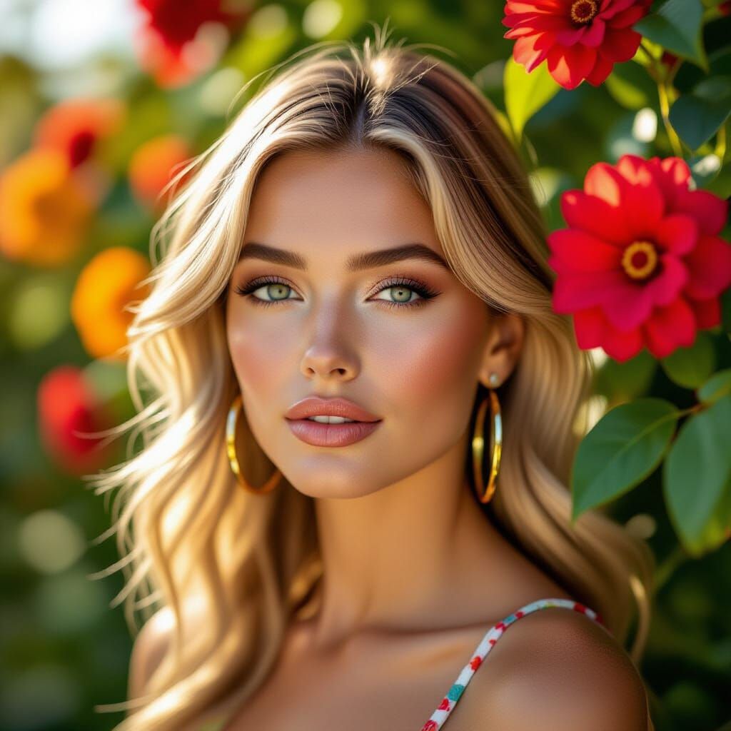 Glamorous Blonde Woman in Garden, High-Fashion Portrait