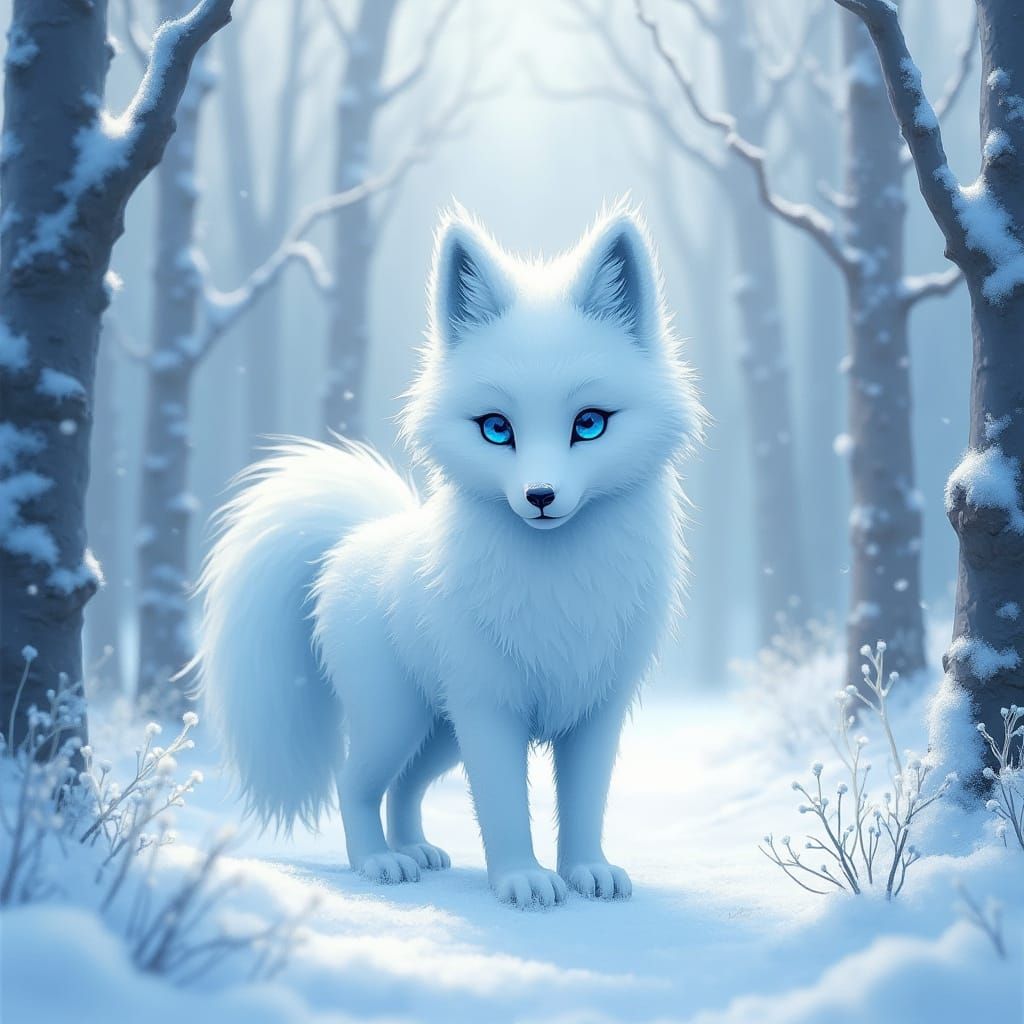 Ice Kitsune in Snowy Forest: Anime Watercolor Art