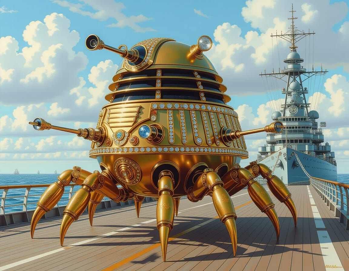 Golden Ambassador Dalek on Spaceship Bridge as Oil Painting