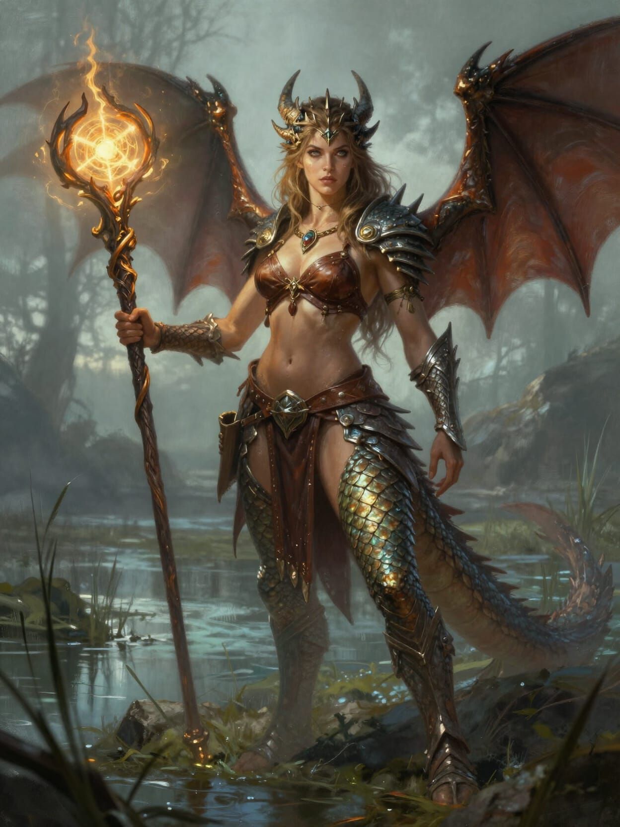 Dragon Woman Warrior in Swamp Landscape
