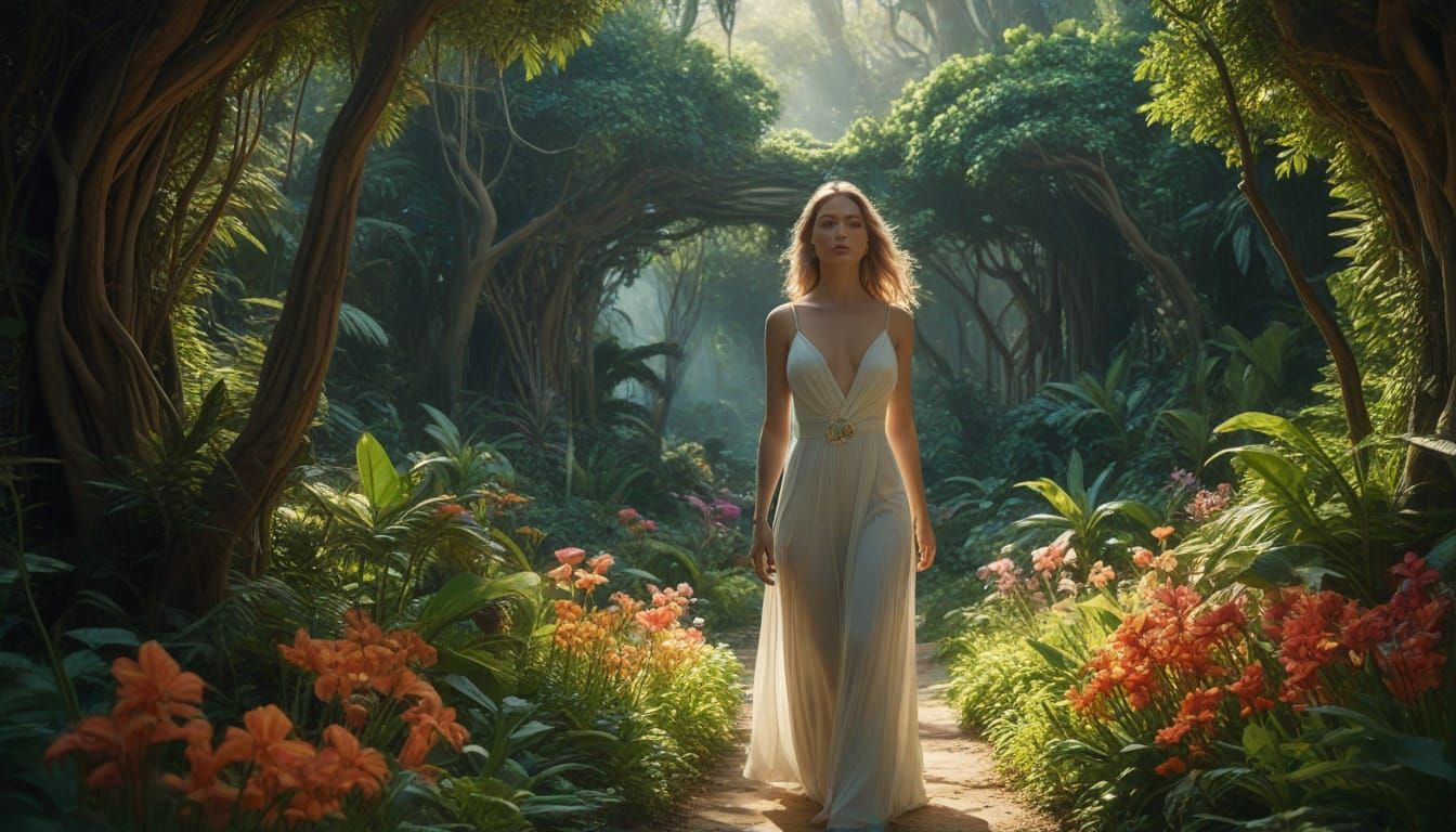 Surreal Woman in Lush Garden Oil Painting