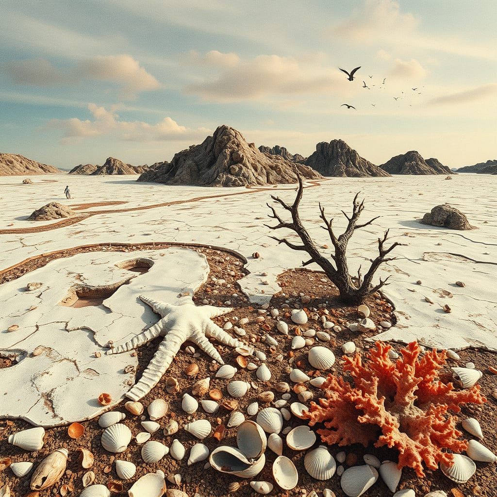 Surreal Coral Wasteland Desert with Glowing Shells