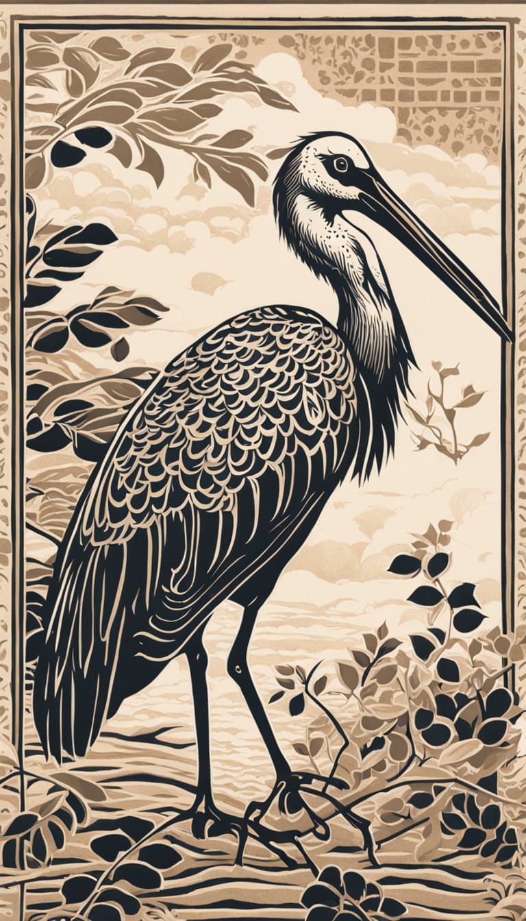 Oriental Stork in Lush Greenery on White Mulberry Linocut