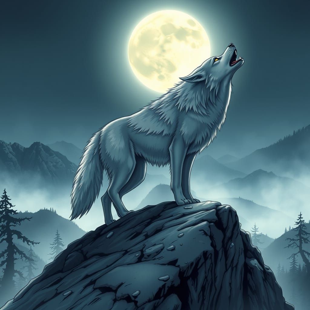 Majestic Wolf Howls Under Full Moon