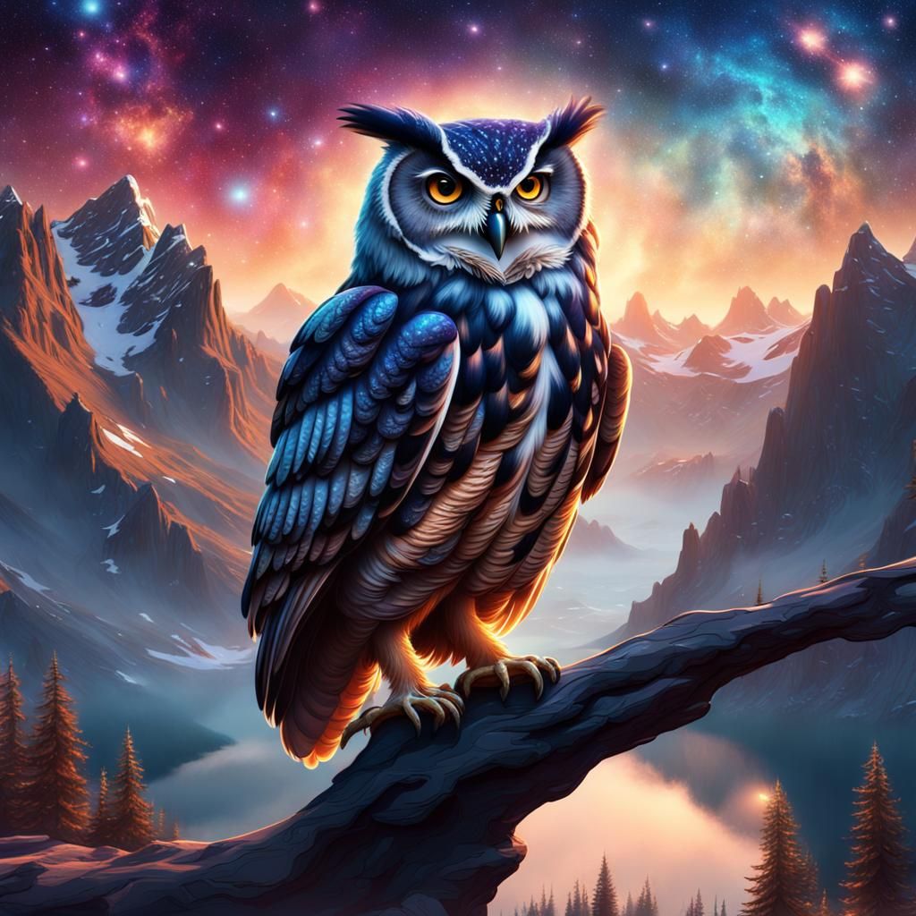 Owl with Stars in Feathers and Galaxy Sky