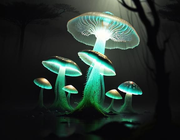 Jellyfish in Mushroom Forest: Dreamlike Digital Art