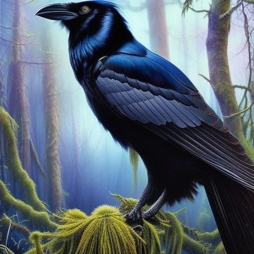 Iridescent Black Raven Watercolor Illustration