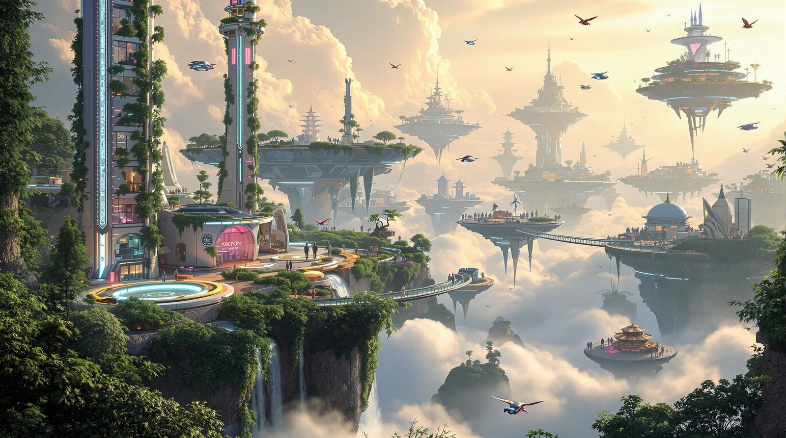 Luminous Skyport Metropolis with Floating Islands