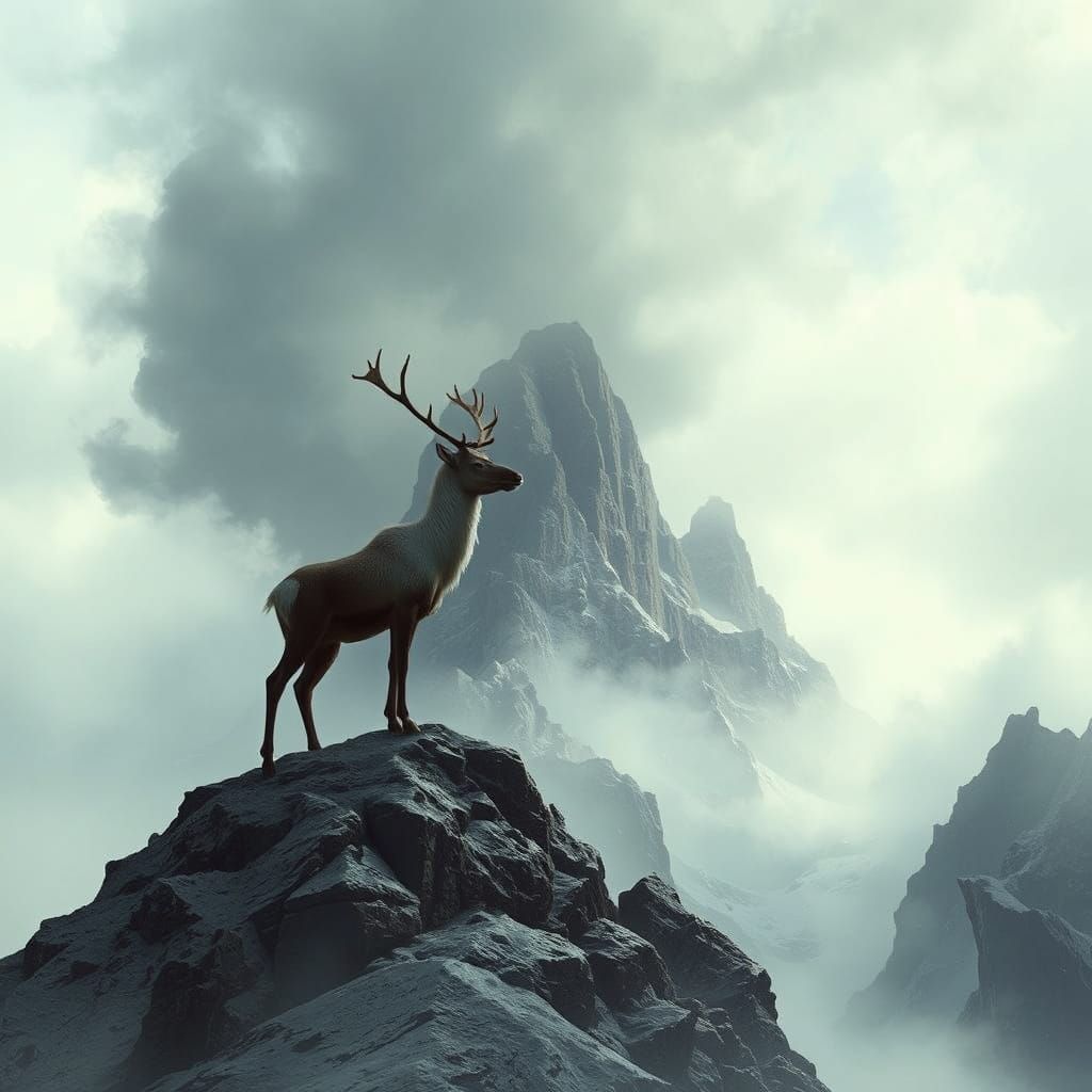 Reindeer on Misty Mountain Peak in Romantic Style