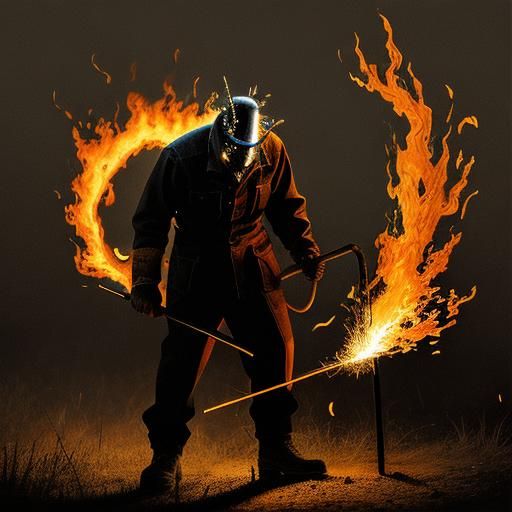 Welder Forging a Flaming Pitchfork at Night