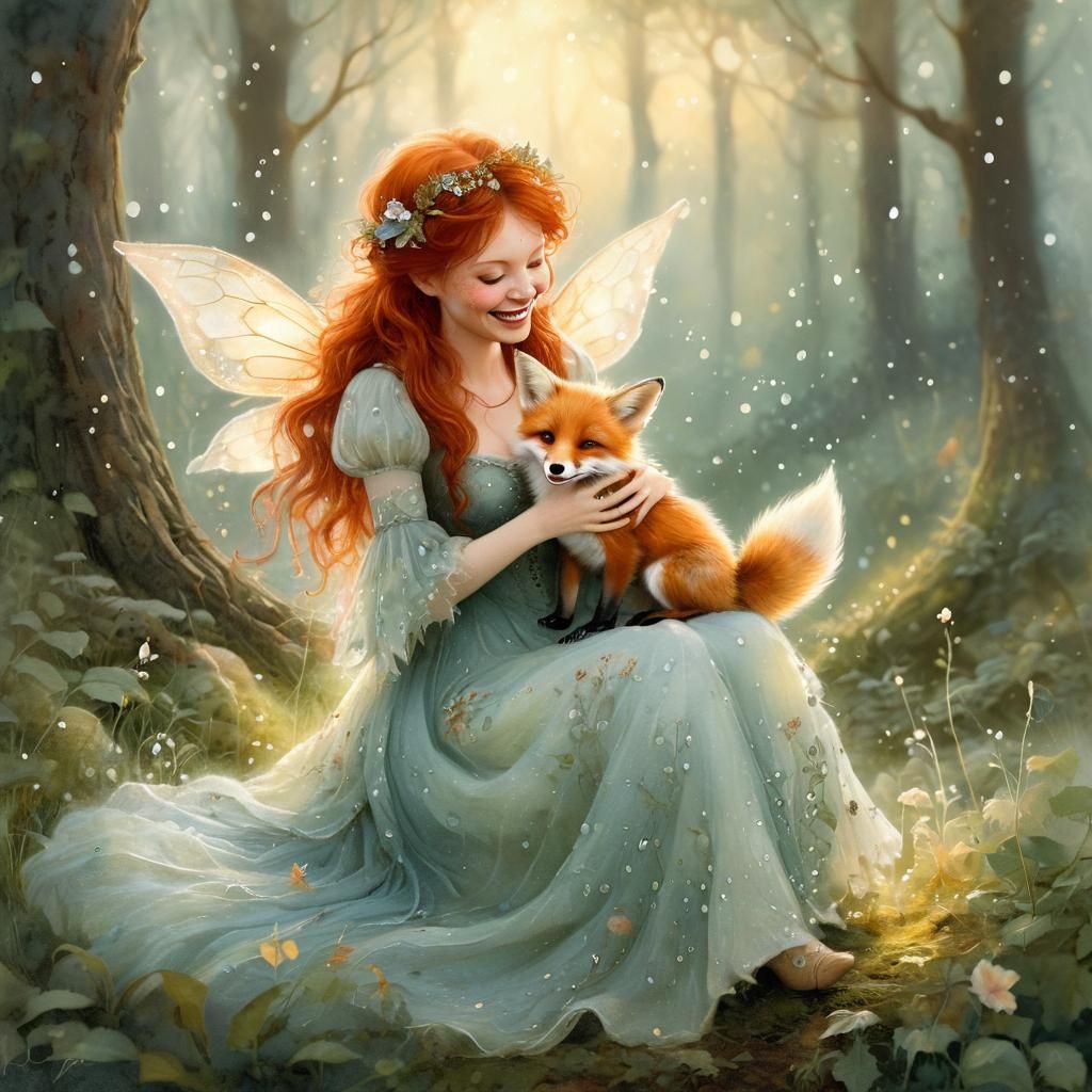 Red-Haired Fairy with Baby Fox in Watercolor Style