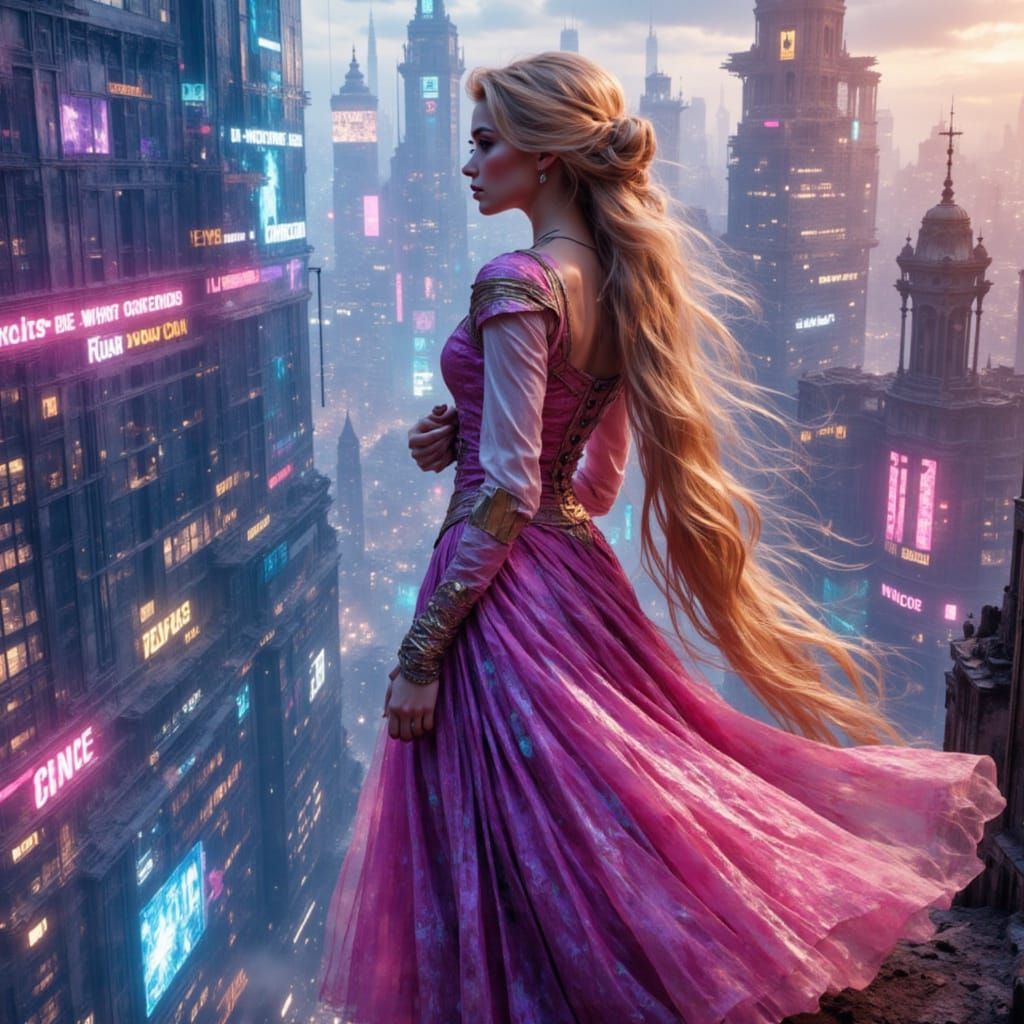 Rapunzel in Futuristic Cyberpunk Cityscape