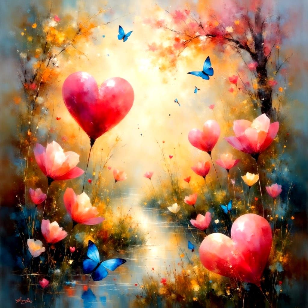 Ethereal Dreamscape of Hearts, Doves, and Light
