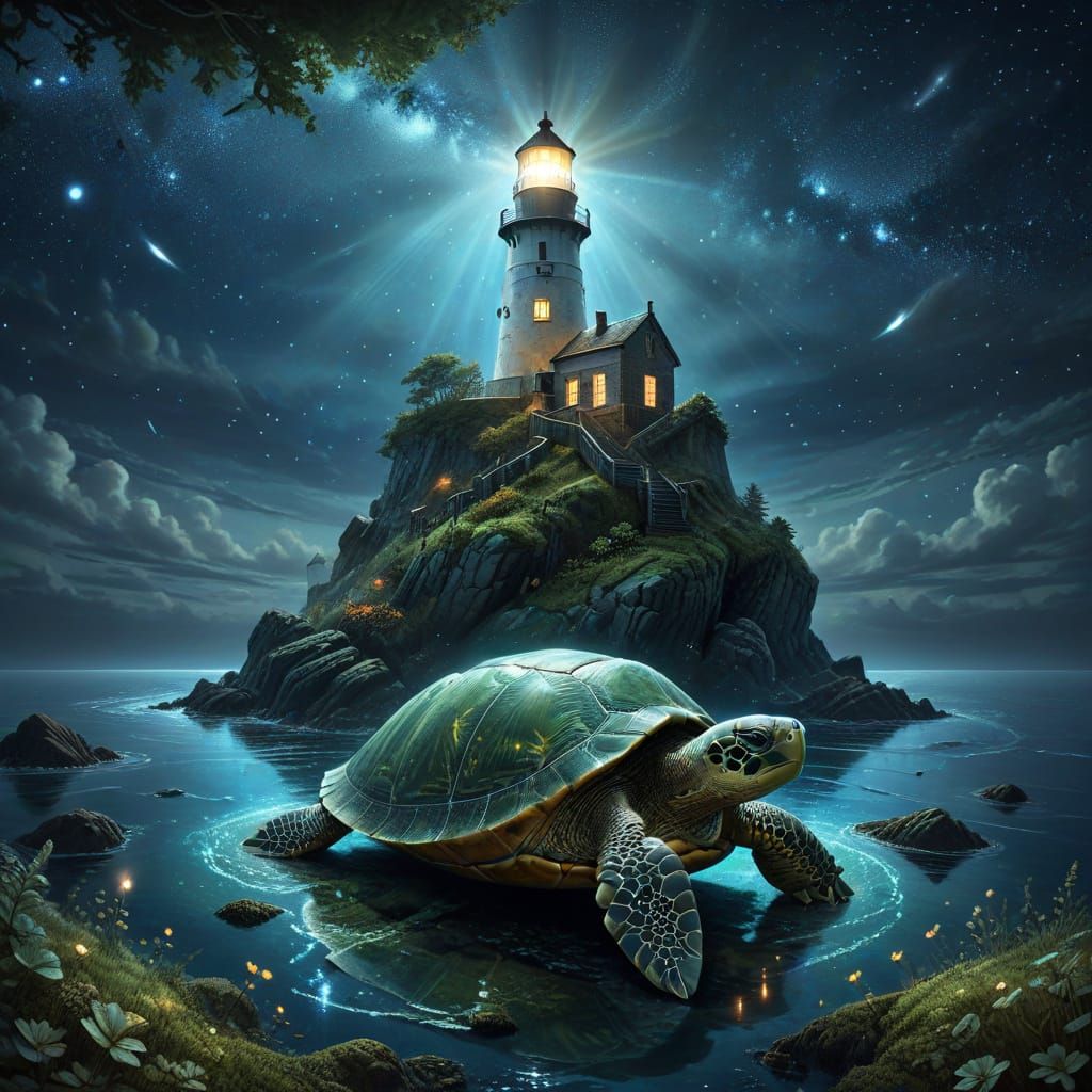 Lighthouse on Giant Turtle Amidst Starry Sea