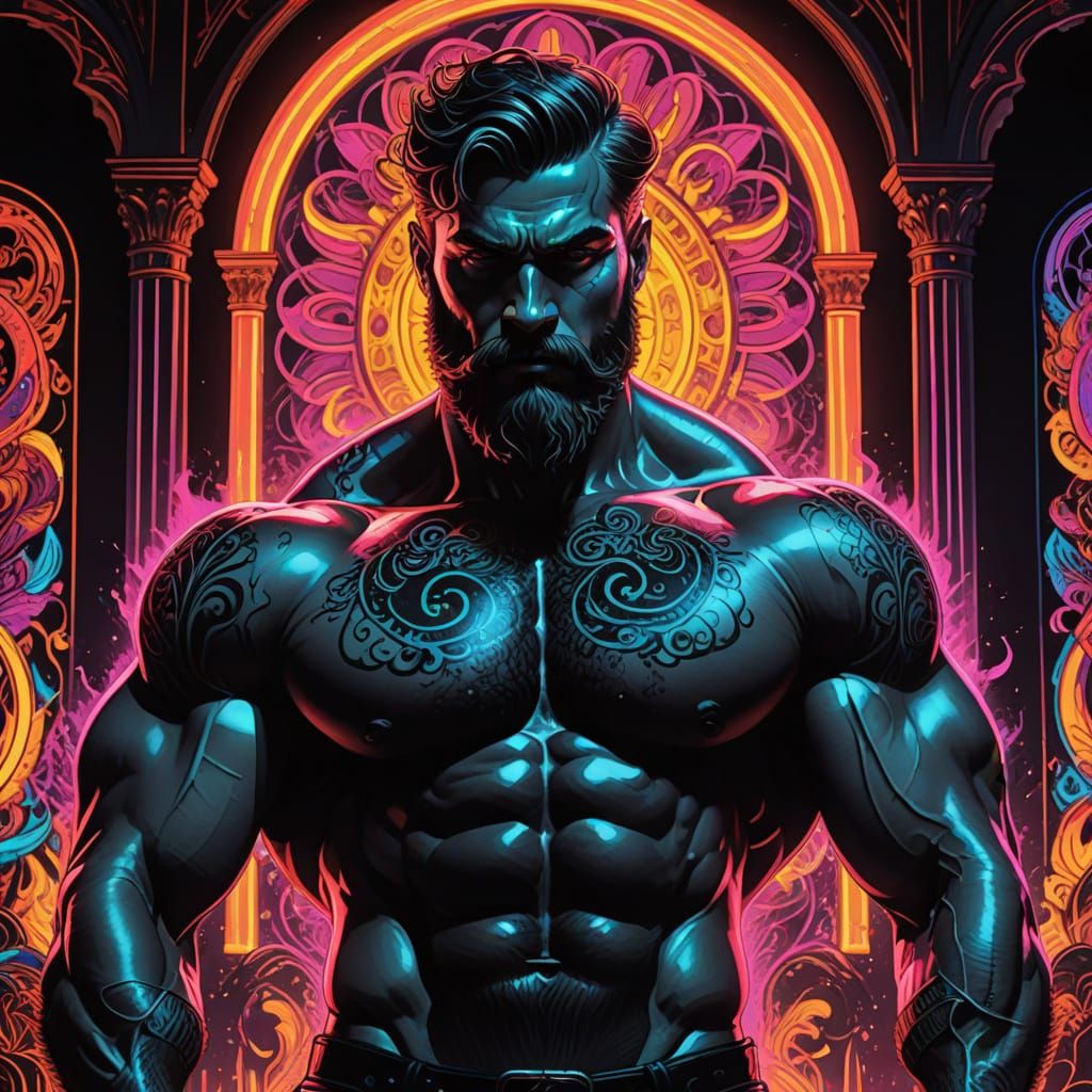 Divine Musculature in Neon-Lit Opulent Salons