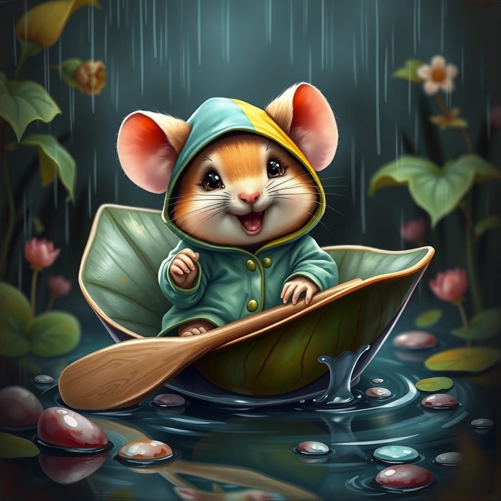 Whimsical Mouse in Rainy Scene, Oil Painting in Candy Art St...