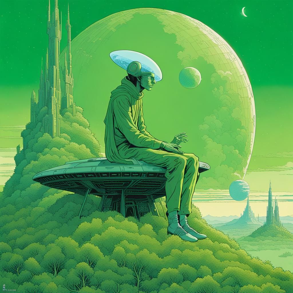 Mystical Alien Sorcerer on Spaceship, Ligne Claire Style