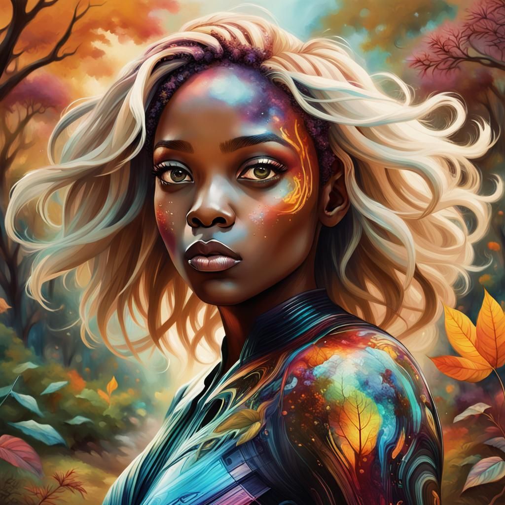 Alien Woman in Autumn Garden: Psychedelic Digital Art