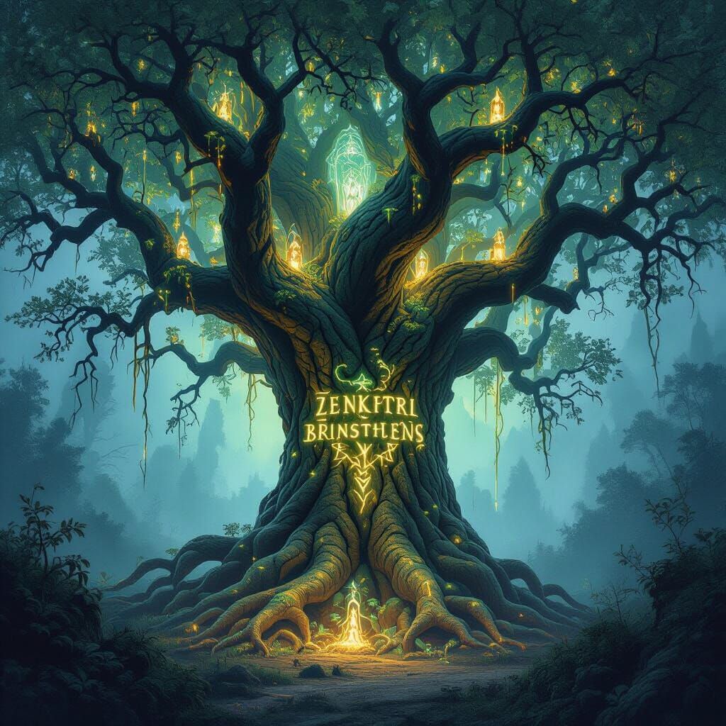 Ancient Rune Tree in Misty Twilight Forest