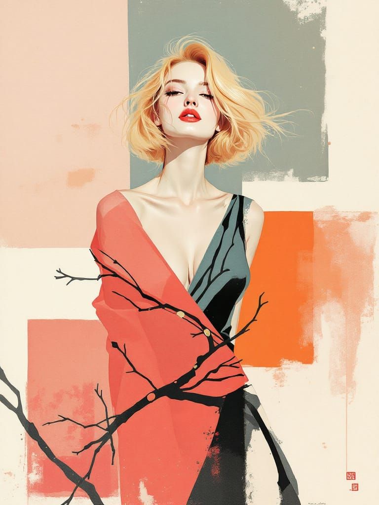 1950s Pin-Up Woman in Bold Geometric Ink Style