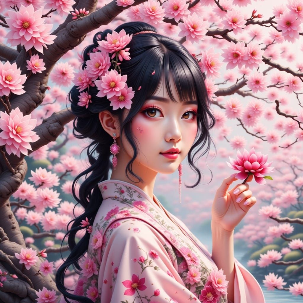 Asian Beauty Amidst Sakura Blossoms