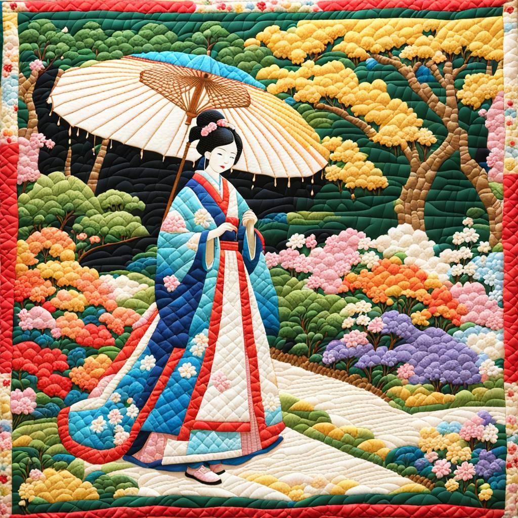 Japanese Lady in Garden: 3D Quilted Tapestry