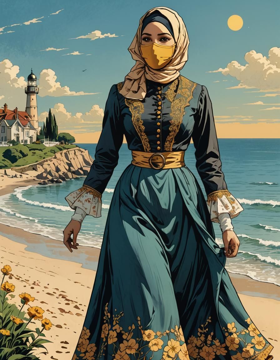 Victorian Woman Strolls by Sea in Vintage Comic Style