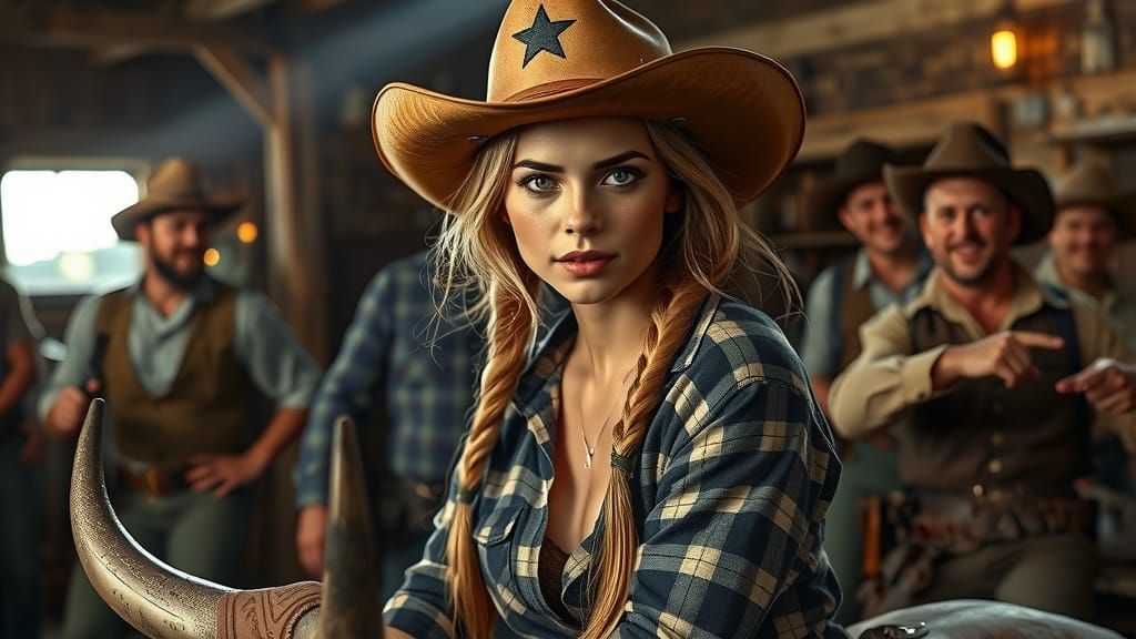Young Woman Rides Mechanical Bull in Dusty Saloon