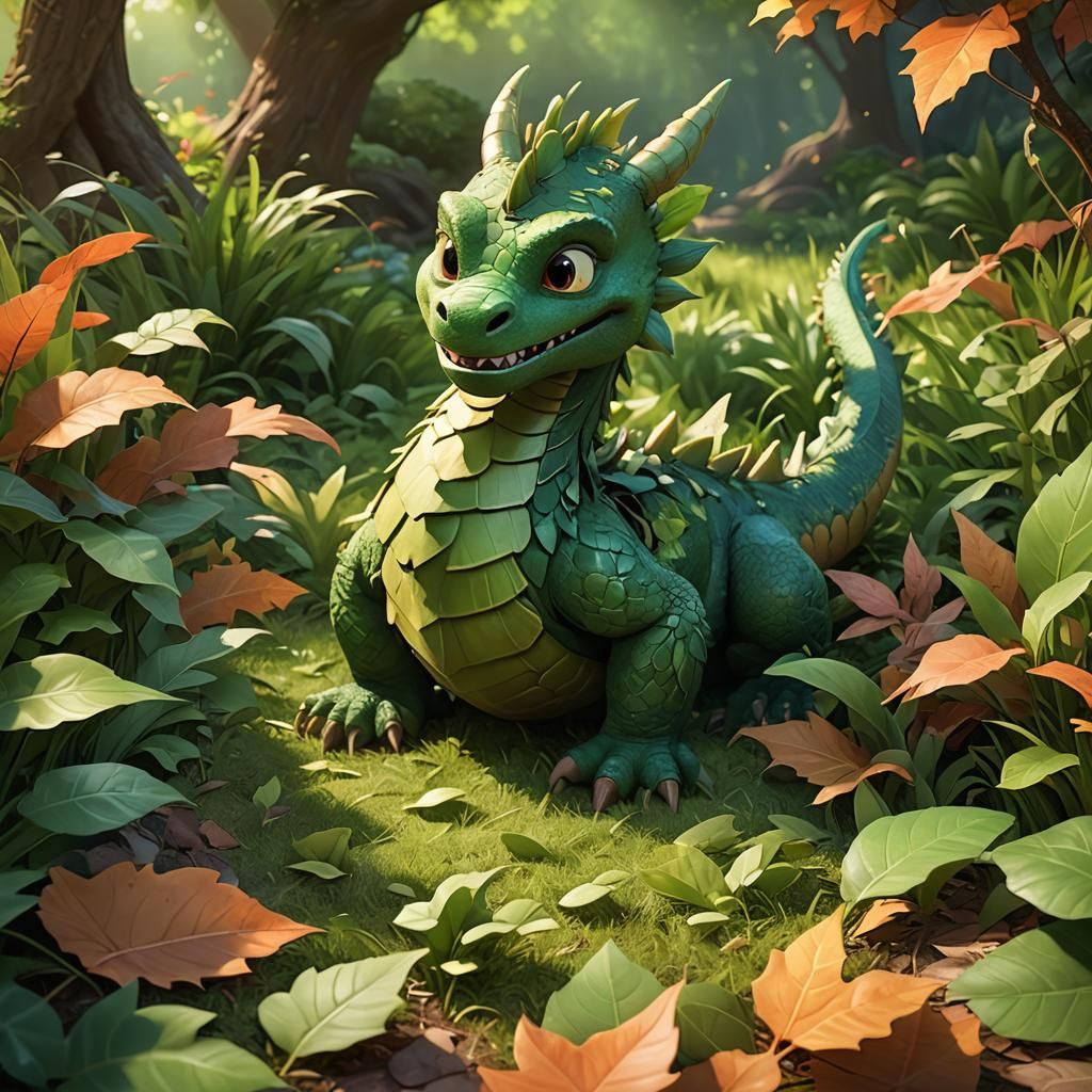Leaf Dragon Eating Grass in Pixar Style