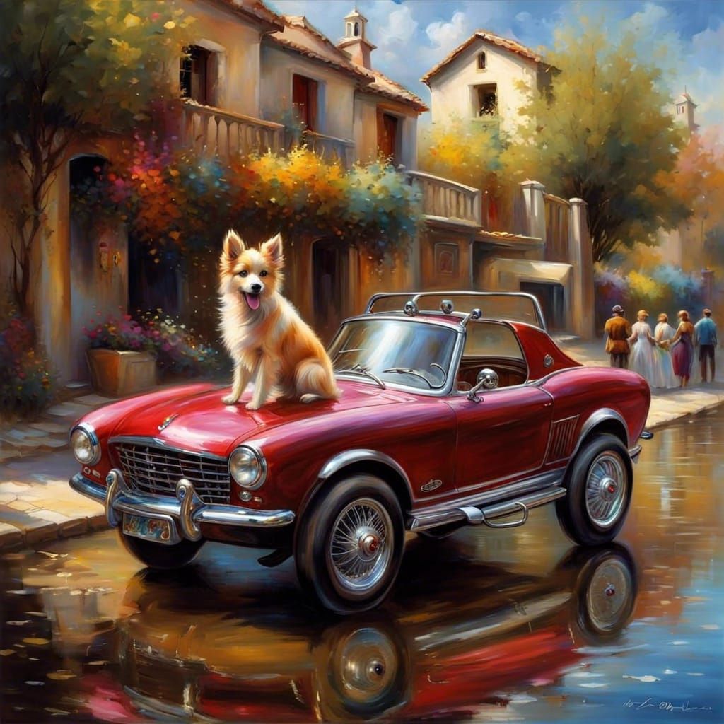Dog on Wheels: A Matte Painting in Fine Art Style