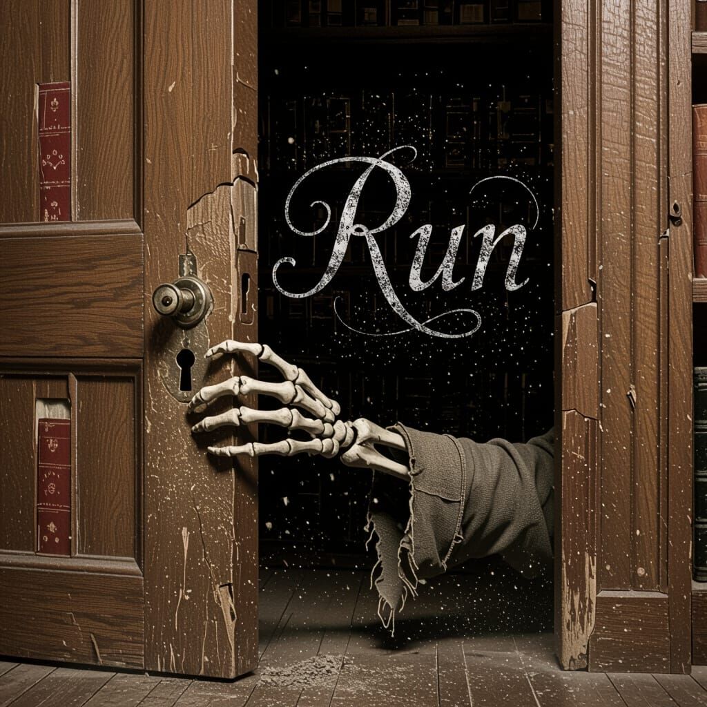 Ominous Library Door with Skeletal Hand