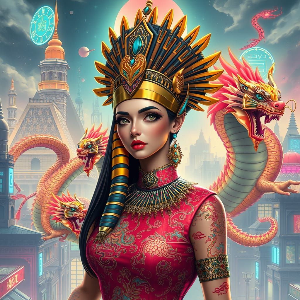 Futuristic Egyptian-Ming Princess in Cyberpunk Cityscape