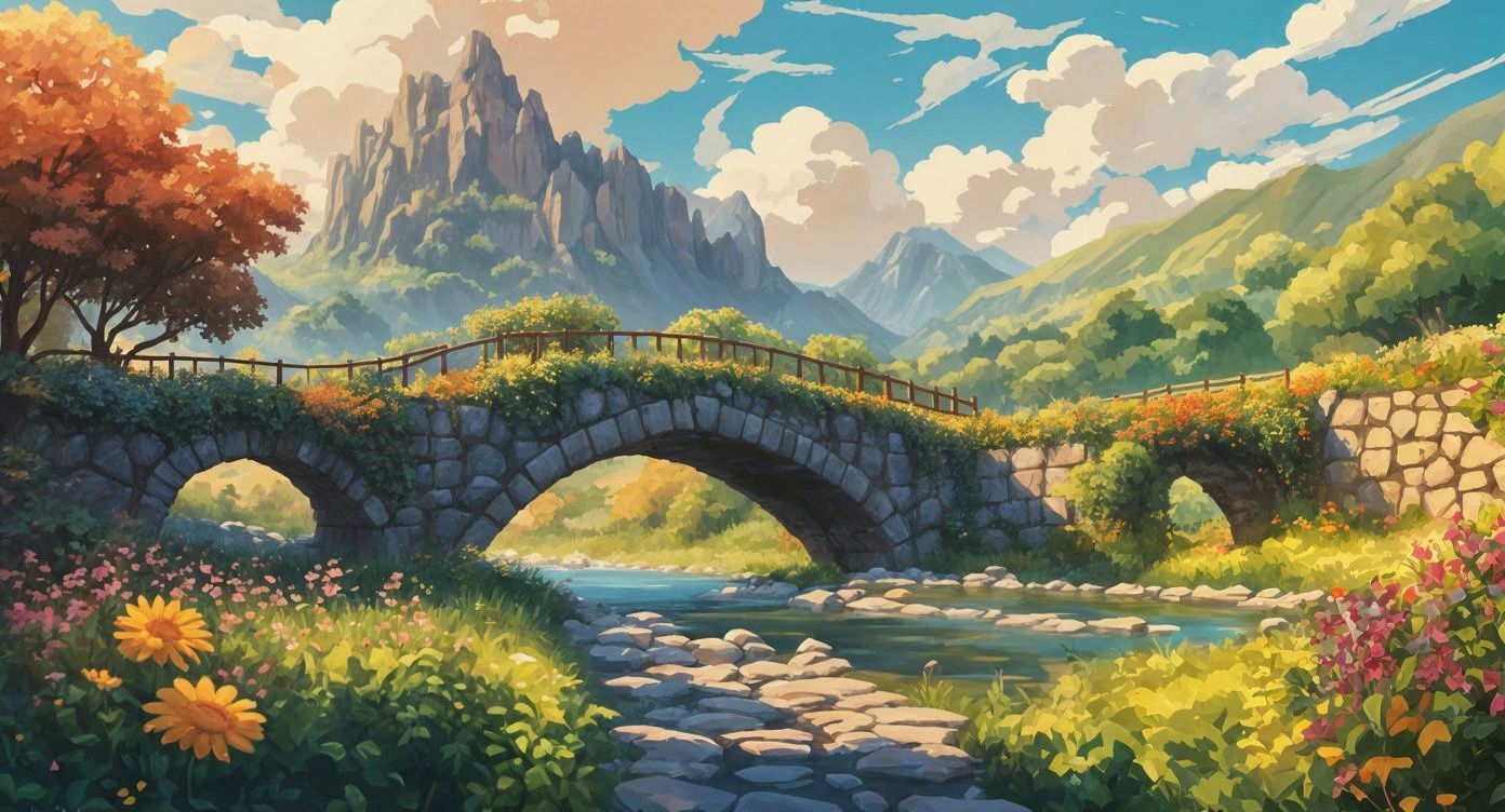 Rustic Stone Bridge Over River in Summer Landscape