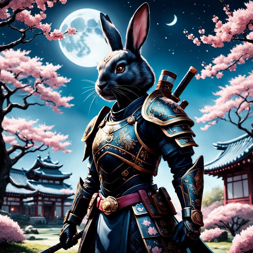 Black Rabbit Samurai Warrior Under Full Moon