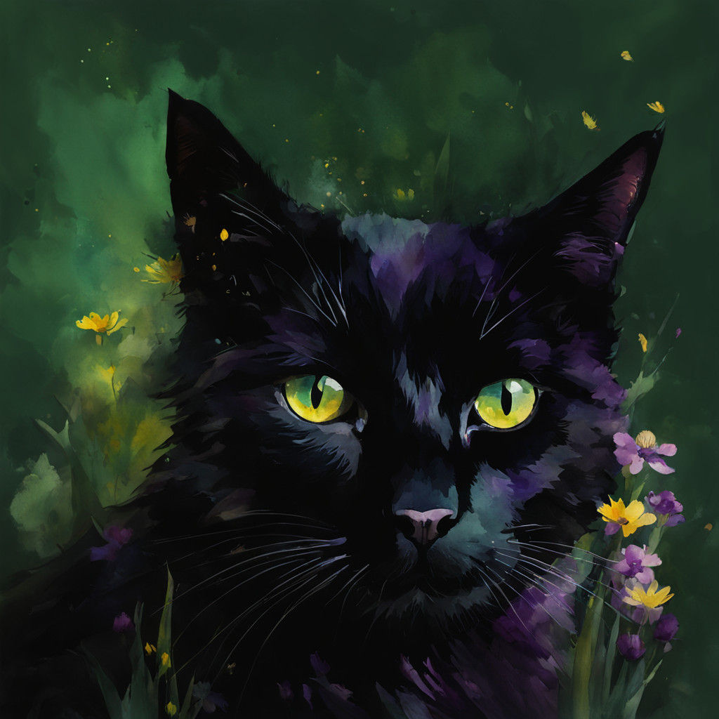 Whimsical Black Cat amidst Vibrant Blooms in Ethereal Waterc...