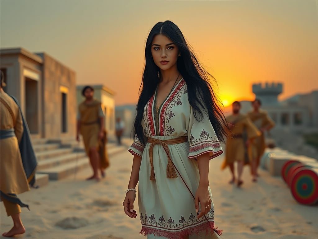 Greek Woman in Traditional Dress, Oil Painting Style