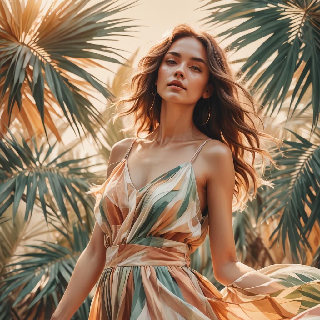 Dreamy Low-Poly Art: Woman Under Palm Trees