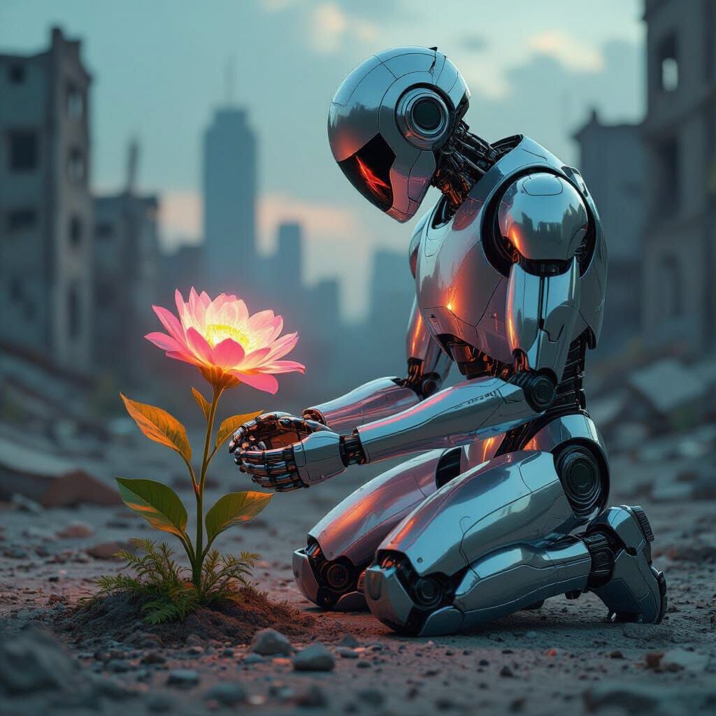 Robot Tending Flower in Desolate Cityscape
