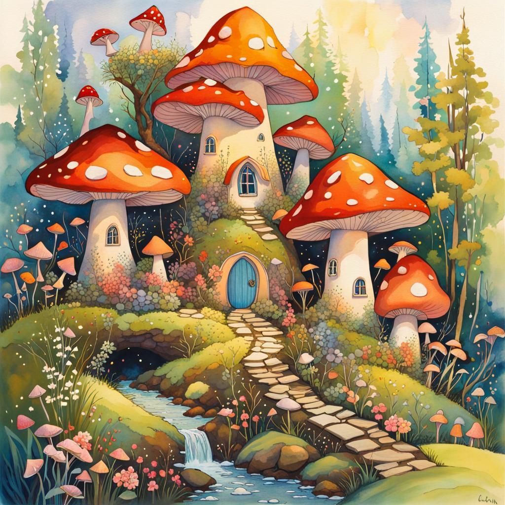 Mischievous Fae in Enchanted Forest: Illustration, Watercolo...