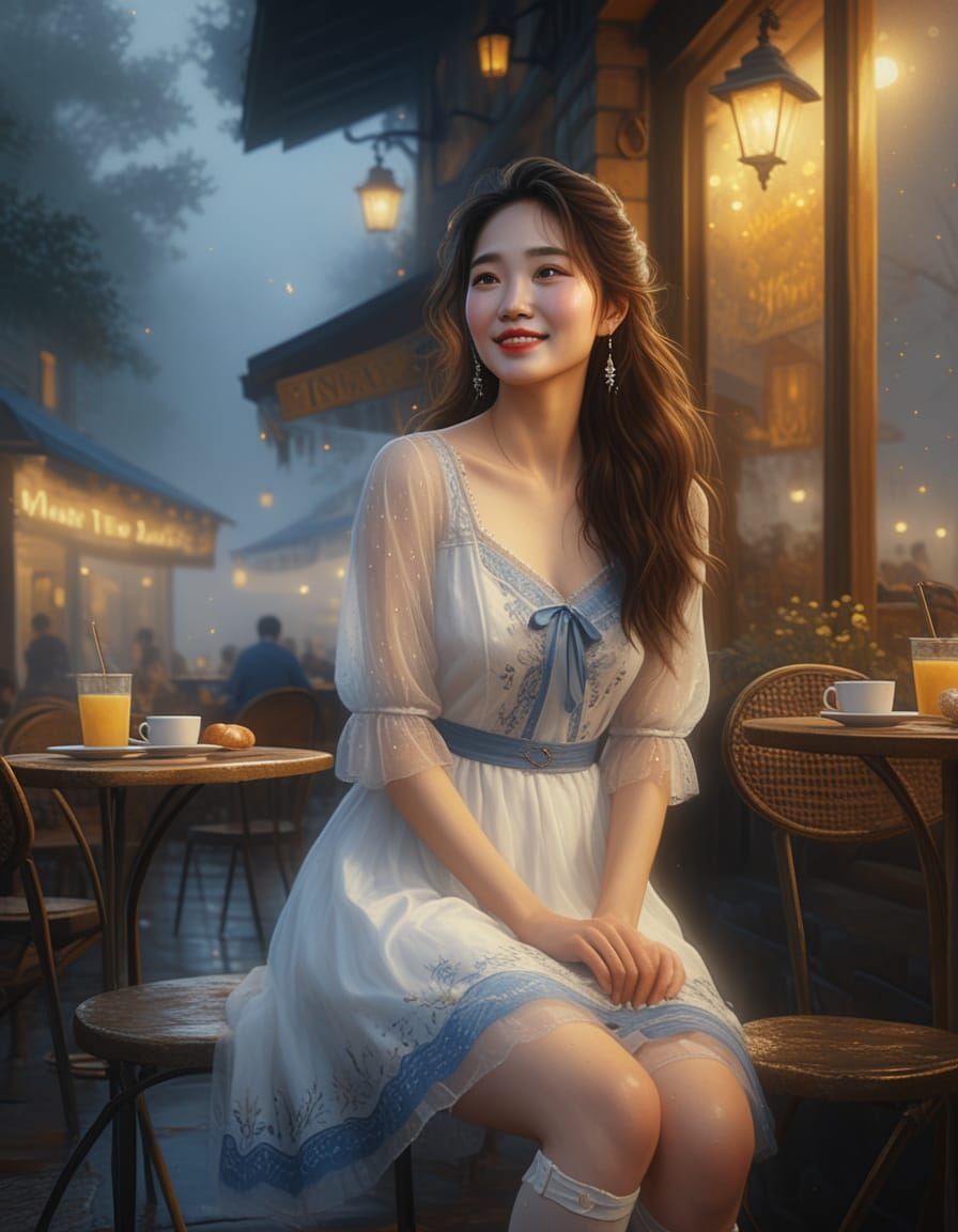 Korean Woman in Cafe: Romantic Realism Portrait