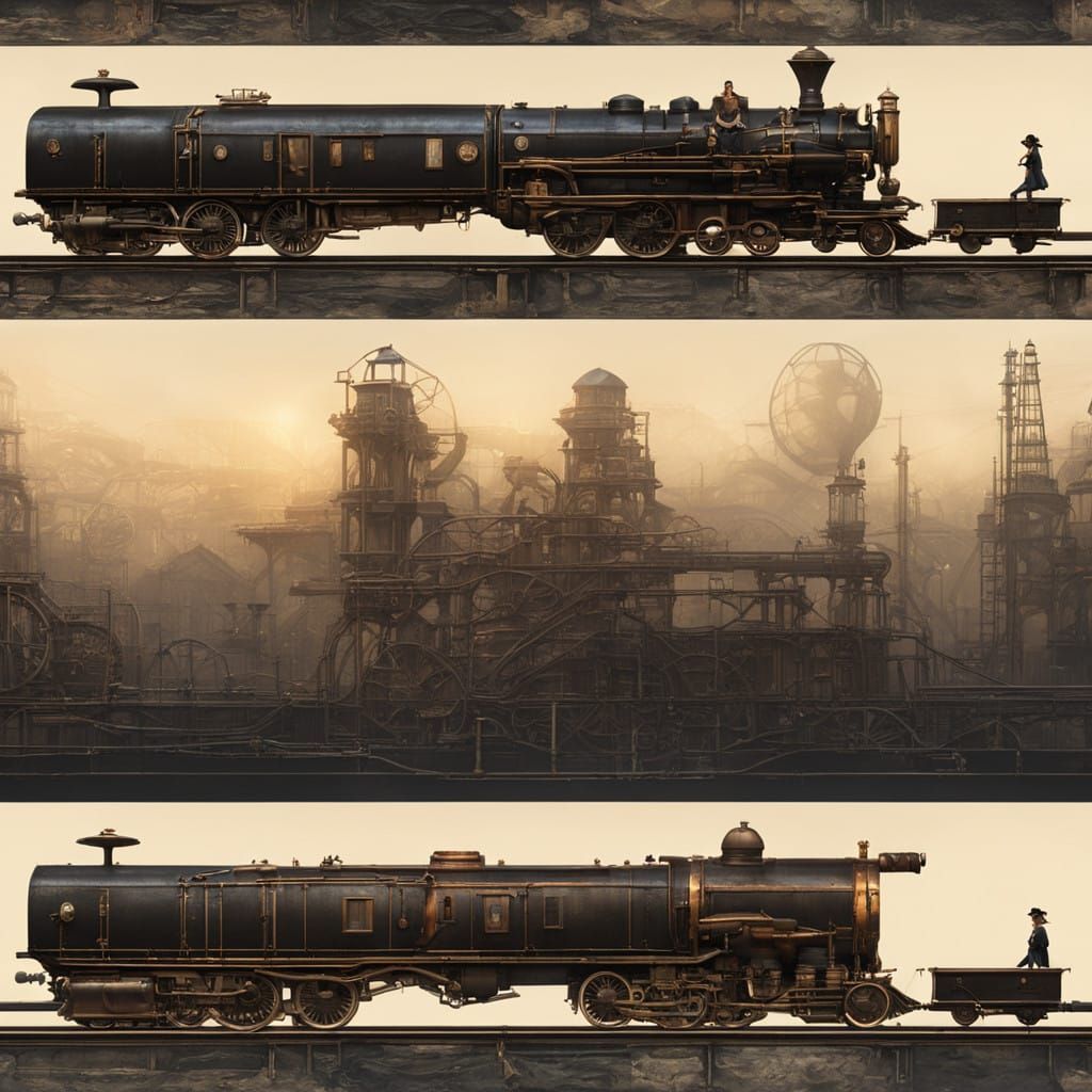 Steampunk Railyard at Dusk: A Woman's Anxious Reflection