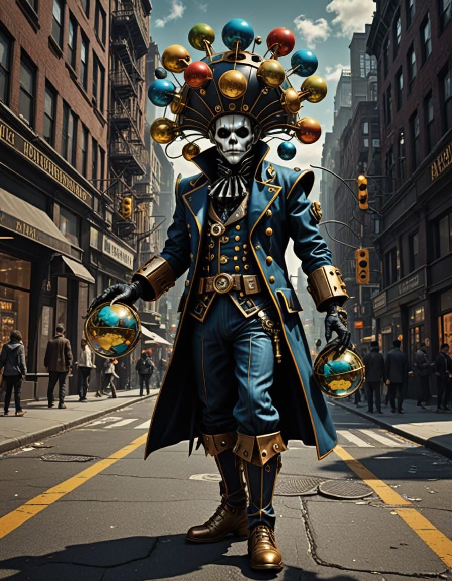 Steampunk Harlequin Juggler Illuminates Modern Metropolis