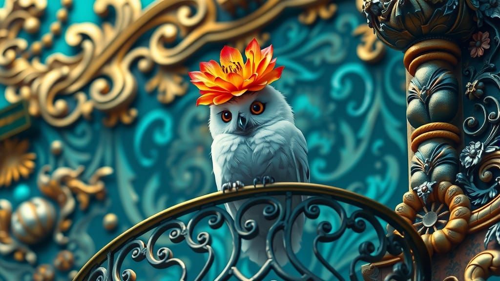 Baby Snowy Owl in Rococo-Inspired Hat, Intricate Detail Pain...