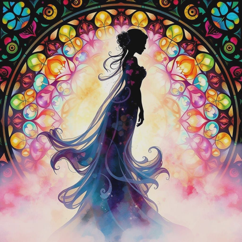 Ethereal Woman in Stained Glass Wonderland