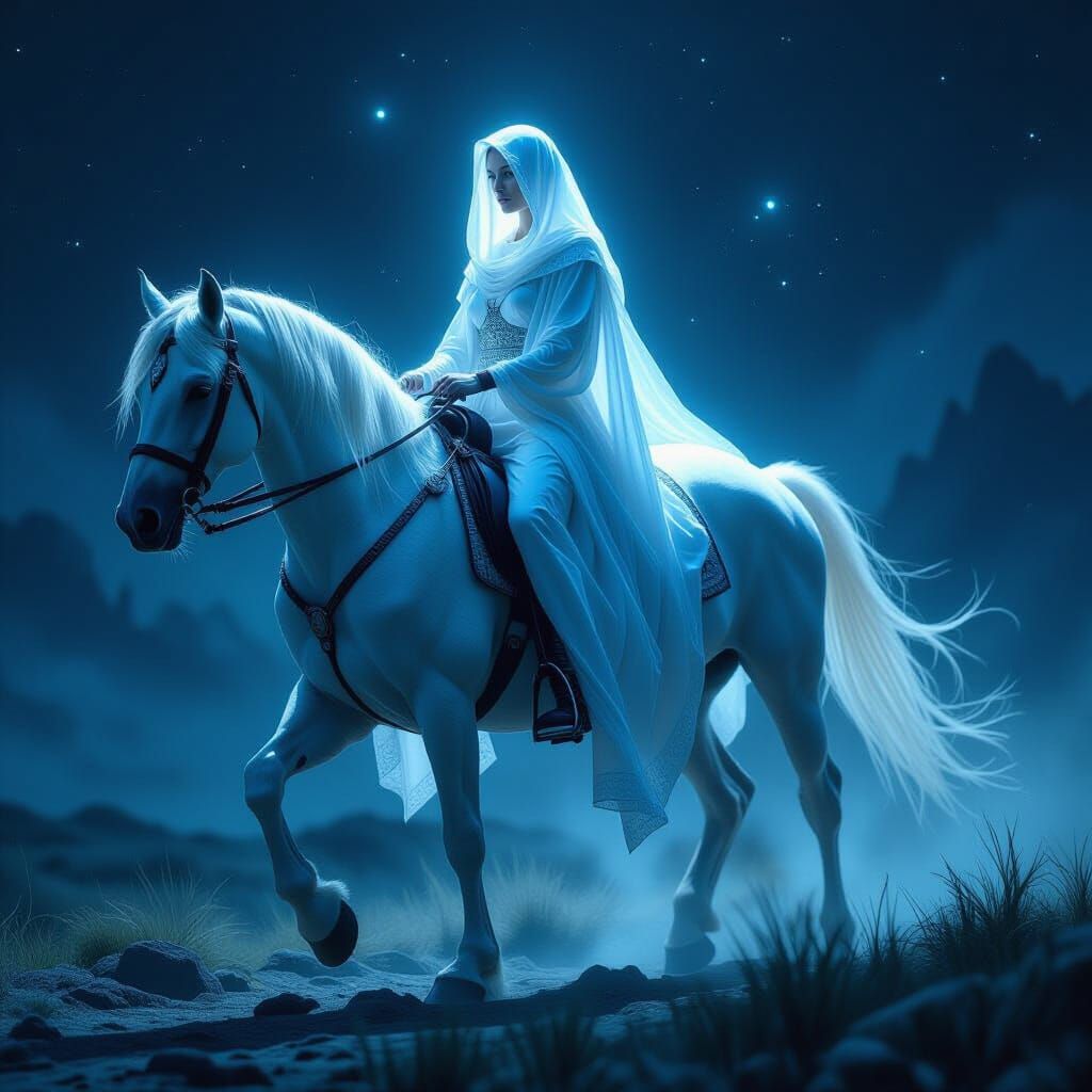 Ethereal Woman Rides Horse in Ominous Landscape