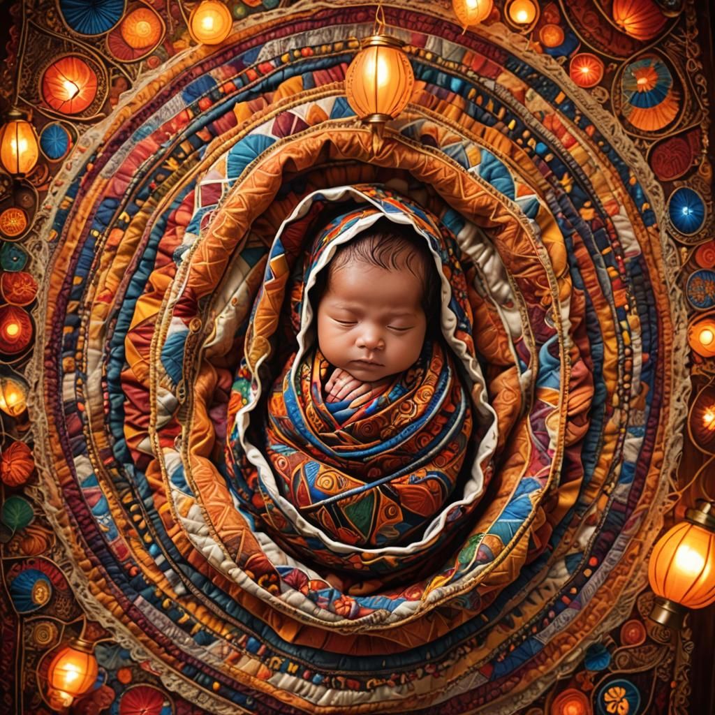 Adorable Newborn Baby in Ethnic Room with Lanterns